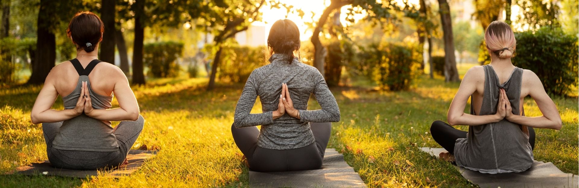 3 ladies sitting on yoga mats, facing away with their arms in reverse prayer position