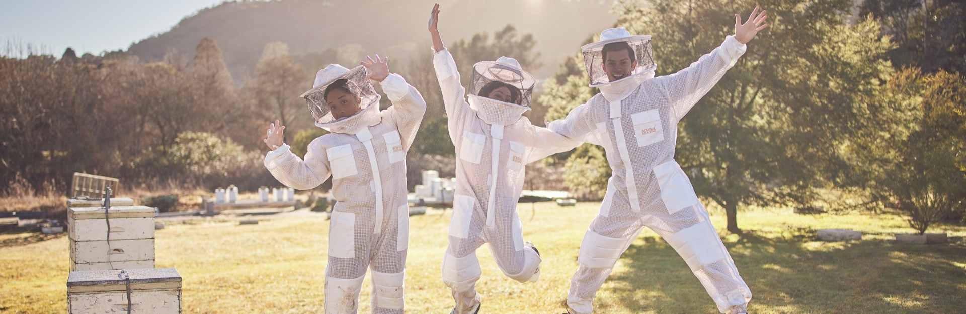 3 people in beekeeping suits jumping in the air at a Honey Farm in Bowral NSW