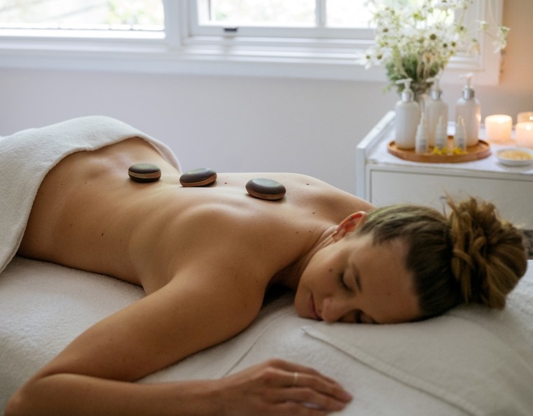 A lady lying on a massage table at Bells of Killcare, with hot stones on her back.