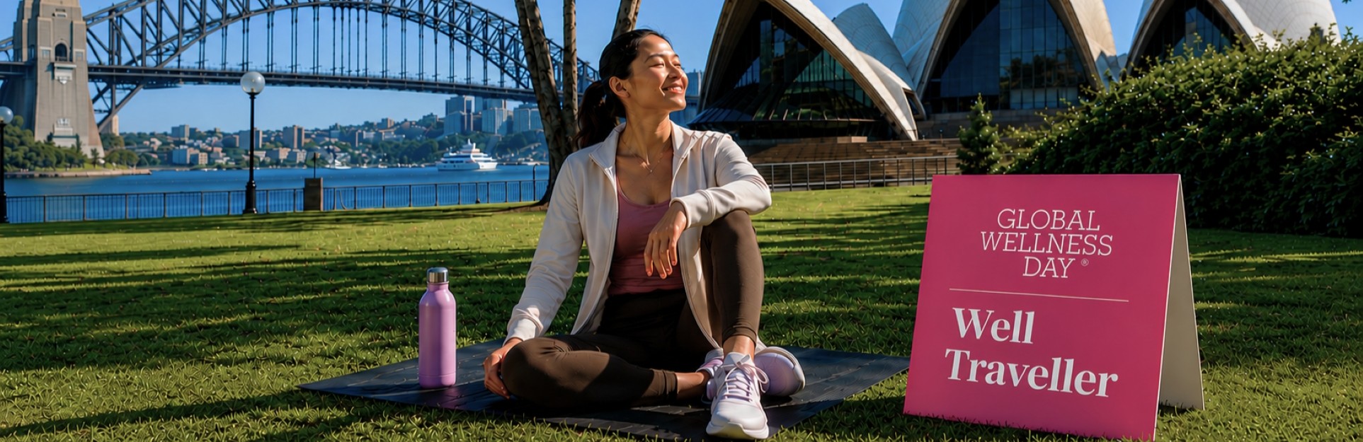 a lady sitting on a yoga mat in the botanic garden of sydney, in front of the Sydney opera House