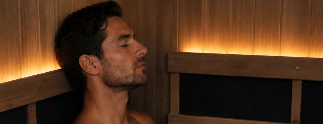 a man relaxing in a sauna