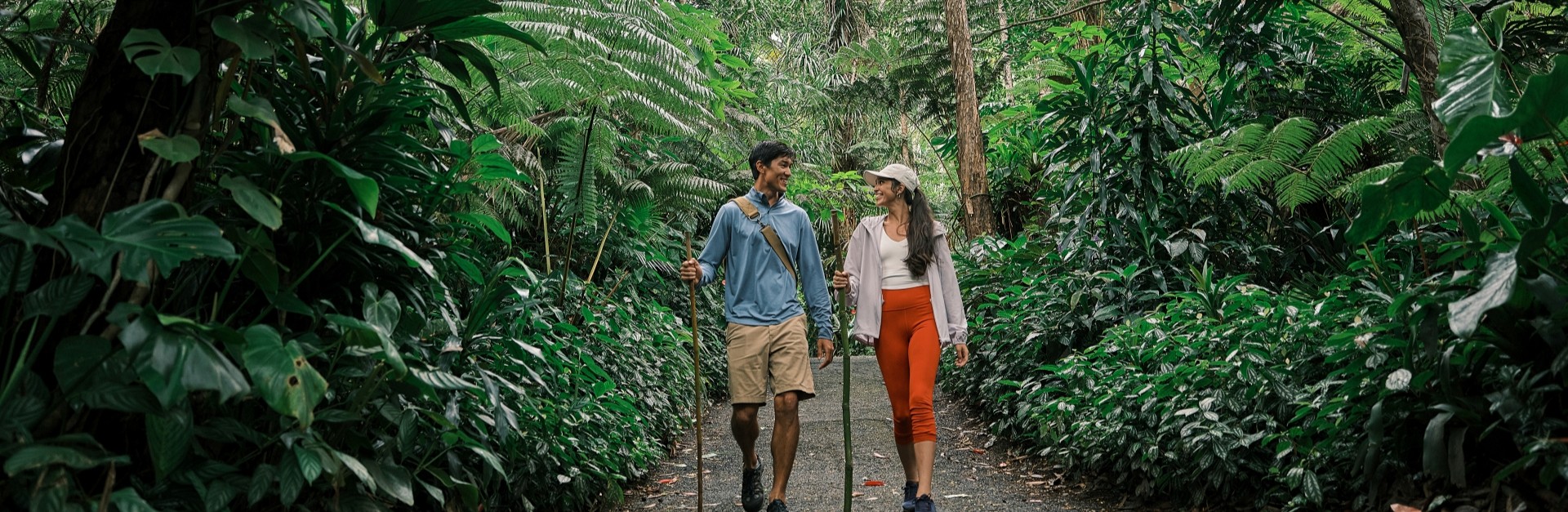 A couple walking through a tropical forest on the Island of Hawai'i