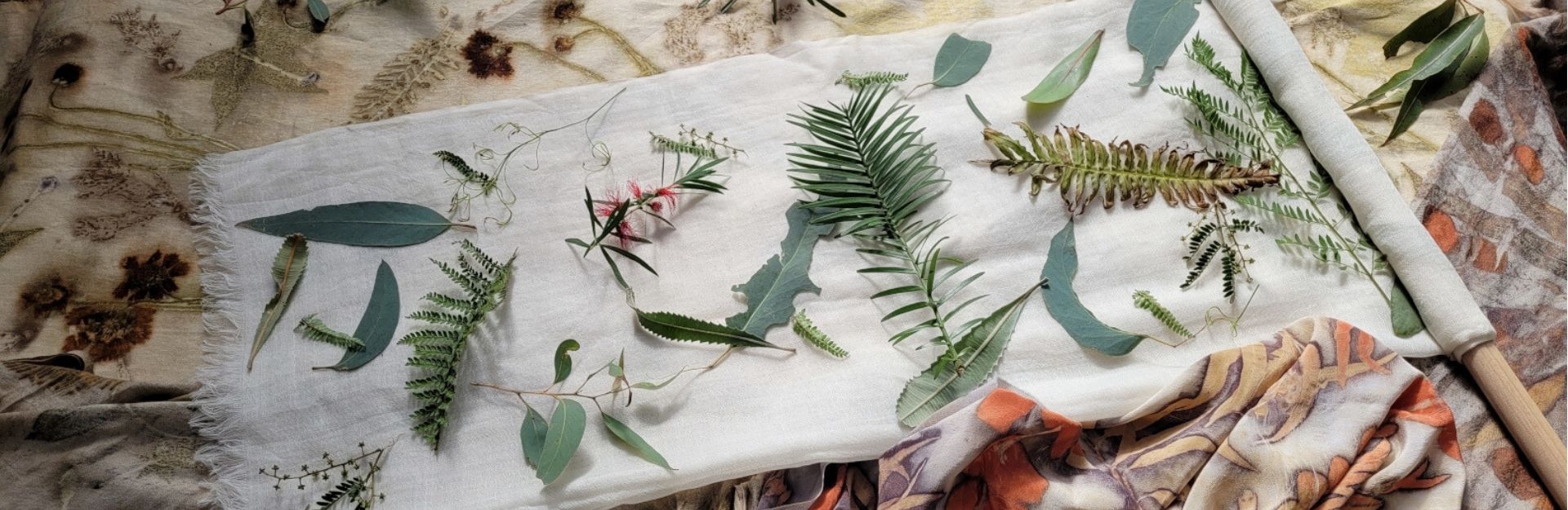 a selection of leaves scattered across a silk scarf, ready for dyeing