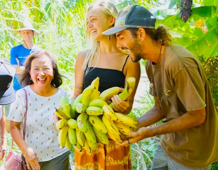 A group of people picking bananas on a farm in Maui