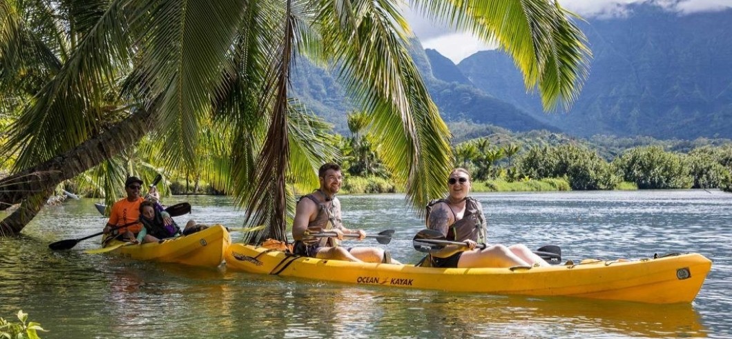 a group of kayakers paddling along the Kauai Coast in Hawaii