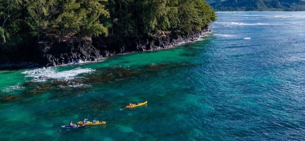 a group of kayakers paddling along the Kauai Coast in Hawaii