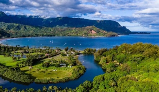 An aerial view of Hanalei Bay and Hanalei River in Hawaii