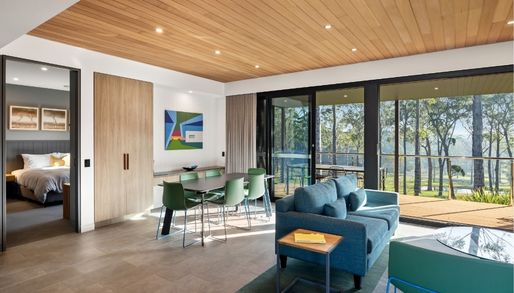 the inside of a Pavilion at Willinga Park showing the living, dining and outdoor area